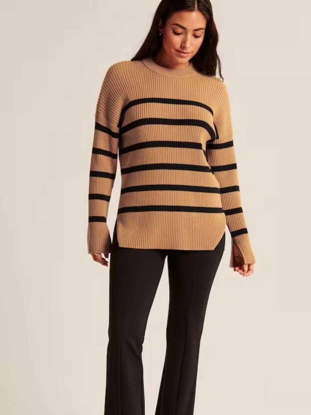 Abercrombie & Fitch Camel and Black Striped Ribbed Crewneck Sweater